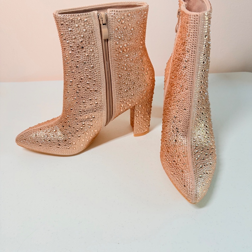* Berness Rose Gold Ankle Boots With Rhinestone Embellishments 3" Block Heel - Picture 2 of 8